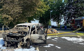 Der Renault ist vor der Schranke zum Parkplatz am Hermannsdenkmal völlig ausgebrannt. Die mächtige Heinbuche dahinter ist so stark beschädigt, dass sie gefällt werden muss, sagt Förster Stephan Radeck. - Feuerwehr Detmold