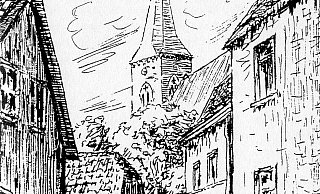 Blick durch die Küstertwete auf die Alexanderkirche – nach einer Zeichnung von Ernst Meier. Repro: Horst Biere / Quelle: Archiv Höltke - Repro: Horst Biere / Quelle: Archiv Höltke Blick durch die Küstertwete auf die Alexanderkirche – nach einer Zeichnung von Ernst Meier. Repro: Horst Biere / Quelle: Archiv Höltke - Repro: Horst Biere / Quelle: Archiv Höltke