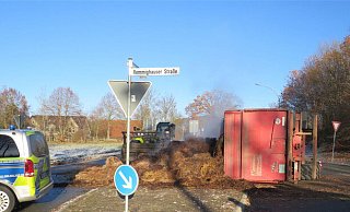 Der Inhalt des Anhängers verteilte sich über eine Verkehrsinsel. - Polizei