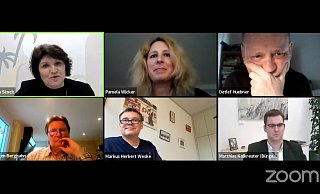 Ellen Stock (oben von links), Pamela Wicker, Detlef Huebner sowie (unten von links) Jürgen Berghahn, Markus Herbert Weske und Lages Bürgermeister Matthias Kalkreuter diskutieren digital über Probleme und Chancen der Vereine. - Nicole Ellerbrake Ellen Stock (oben von links), Pamela Wicker, Detlef Huebner sowie (unten von links) Jürgen Berghahn, Markus Herbert Weske und Lages Bürgermeister Matthias Kalkreuter diskutieren digital über Probleme und Chancen der Vereine. - Nicole Ellerbrake