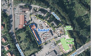 Die neue Halle für den Bauhof ist fertig. Die Zufahrt erfolgt über die Straße „Am Bauhof“. - Land NRW (2019) / Grafik: Oliver Wendtland