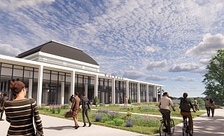 Der Entwurf für das neue Kurhaus sieht große Fensterflächen (hier mit dem neuen Haupteingang aus Richtung Roter Platz) vor. Im Hintergrund ist das signifikante Dach des Galasaals zu erkennen, der als einziger Gebäudeteil stehen bleiben soll. - Eggersmann-Gruppe Der Entwurf für das neue Kurhaus sieht große Fensterflächen (hier mit dem neuen Haupteingang aus Richtung Roter Platz) vor. Im Hintergrund ist das signifikante Dach des Galasaals zu erkennen, der als einziger Gebäudeteil stehen bleiben soll. - Eggersmann-Gruppe