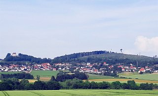 Neben dem bewachsenen Burgberg (links) wird das Ausmaß der Zerstörung durch Trockenheit und Borkenkäfer deutlich: Der Dohlenberg (rechts) ist nur noch eine kahle Fläche. - Michaela Weiße