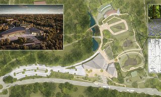 Die Visualisierung zeigt das oberirdisch dreiteilige Eingangs- und Ausstellungsgebäude des Freilichtmuseums. Im Bereich unterhalb des Krummen Hauses ist die spätere Parkgestaltung visualisiert, die sich an der historischen Skizze orientiert. - LWL/Studio grüngrau (Plan) und AVP Group (Gebäude)