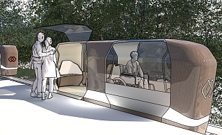 Das Design Team Monocab, Prof. Ulrich Nether, Prof. Hans Sachs, Carolina Meirelles und Maximilian Müh, haben diese Ansicht der Bahn entworfen. - TH OWL 2021