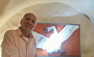 Der Künstler E.Torg (Dieter Grote) stellt seit Freitag seine Werke auf der Burg Sternberg aus. Im Foto: das Bild eines selbstbewussten Schwans. - Sylvia Frevert(LZ) Der Künstler E.Torg (Dieter Grote) stellt seit Freitag seine Werke auf der Burg Sternberg aus. Im Foto: das Bild eines selbstbewussten Schwans. - Sylvia Frevert(LZ)
