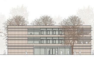 Der Neubau ist mit Holz verkleidet. Fenster ziehen sich als Oberlichtband um das Gebäude. - Bildrechte: Hatau.Winterhalter: Architekten Der Neubau ist mit Holz verkleidet. Fenster ziehen sich als Oberlichtband um das Gebäude. - Bildrechte: Hatau.Winterhalter: Architekten