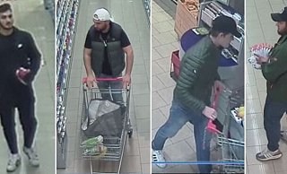 Die Kriminalpolizei fahndet nach diesen vier Personen im Zusammenhang eines Ladendiebstahls in Lage Ende Oktober. - Polizei Lippe