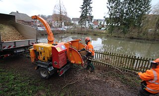 Bauhof-Mitarbeiter kümmern sich am Donnerstag um den Gehölzschnitt am Ententeich in Hohenhausen. Das Areal wird aus Geldmangel nicht neu gestaltet. - Jens Rademacher