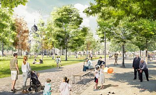 Flanieren im Spiel von Licht und Schatten: Die Visualisierung zeigt, wie der Schlossplatz im kommenden Jahr aussehen soll. - Quelle: FRL Flanieren im Spiel von Licht und Schatten: Die Visualisierung zeigt, wie der Schlossplatz im kommenden Jahr aussehen soll. - Quelle: FRL