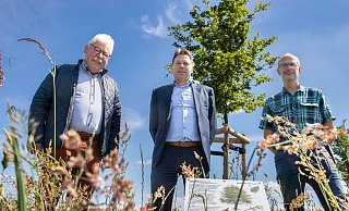 Rotbuche gepflanzt: Ortsbürgermeister Erhard Friesenhan, Bürgermeister Frank Hilker und Stephan Szymanowski vom Team Umweltschutz und Freiraumplanung der Stadt Detmold vor dem neu gepflanzten Baum auf dem Detmolder Baumlehrpfad (von links). - Torben Gocke