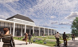Der Entwurf für das neue Kurhaus sieht große Fensterflächen (hier mit dem neuen Haupteingang aus Richtung Roter Platz) vor. Im Hintergrund ist das signifikante Dach des Galasaals zu erkennen, der als einziger Gebäudeteil stehen bleiben soll. - Eggersmann-Gruppe Der Entwurf für das neue Kurhaus sieht große Fensterflächen (hier mit dem neuen Haupteingang aus Richtung Roter Platz) vor. Im Hintergrund ist das signifikante Dach des Galasaals zu erkennen, der als einziger Gebäudeteil stehen bleiben soll. - Eggersmann-Gruppe