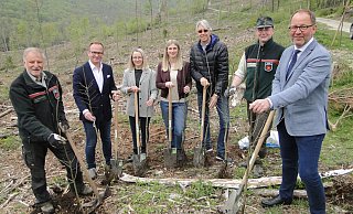 Bringen eigenhändig Setzlinge in den Boden (von links): Hans-Ulrich Braun (Leiter Forstabteilung), Jens Beining (CEO Wortmann), Olga Wedel, Sarah Schröder, Andreas Burmeister (Projektteam Wortmann), Stefan Schreiber (Revierförster Hiddesen), Jörg Dünning-Gast (Verbandsvorsteher Landesverband Lippe). - Hajo Gärtner