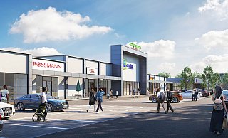 Eine alte Visualisierung des künftigen Fachmarktzentrums in der Kampstraße. Statt des im Bild zu sehenden Edeka soll nun ein Lidl einziehen und statt des Trinkgut-Getränkemarkts kommt ein Action-Markt. - Grafik: Halsdorfer + Ingenieure