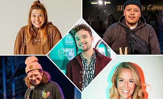 Das Line-Up für Nightwash am Hermanns-Denkmal: Laura Brümmer (oben links), Assane Badiane (oben rechts), Ben Schafmeister (Mitte), Thomas Schmidt (unten links) und Sandra Sprünken (unten rechts). - Carolin Pommert, Guido Schröder, André Symann, Marvin Ruppert