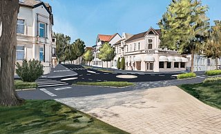 Der Kreisverkehr bei Burre an der Hermannstraße in 3D: Im Vordergrund ist der eigene Abbiegeast für Radfahrer auf den Kaiser-Wilhelm-Platz zu erkennen. - Grafik: Stadt Detmold/Laureen Dawid