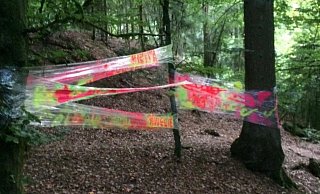 Eine gespannte und beschmierte Folie stört im anliegenden Wald. - Landesverband Lippe
