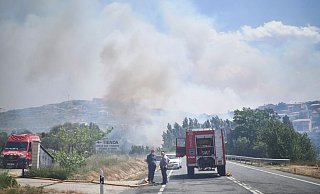 Feuerwehrleute arbeiten in der Nähe einer Weinkellerei, die das Feuer in der Region Tafalla erreicht hat. - Foto: Eduardo Sanz/EUROPA PRESS/dpa Feuerwehrleute arbeiten in der Nähe einer Weinkellerei, die das Feuer in der Region Tafalla erreicht hat. - Foto: Eduardo Sanz/EUROPA PRESS/dpa