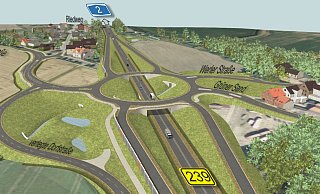 Die Grafik zeigt den geplanten Knotenpunkt mit der Werler und der Biemser Straße im Zuge des Ausbaus der B 239n. Die Bundesstraße wird künftig unter einem großen Kreisel, der die Nebenstraßen anbindet, hindurch geführt. Die Dorfstraße wird mit einem Schlenker an den Kreisel angebunden. - Straßen.NRW Die Grafik zeigt den geplanten Knotenpunkt mit der Werler und der Biemser Straße im Zuge des Ausbaus der B 239n. Die Bundesstraße wird künftig unter einem großen Kreisel, der die Nebenstraßen anbindet, hindurch geführt. Die Dorfstraße wird mit einem Schlenker an den Kreisel angebunden. - Straßen.NRW