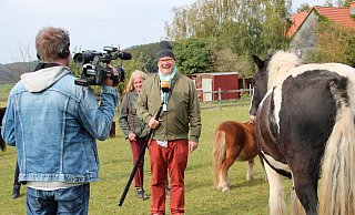 ZDF-Redakteur Achim Winter erklärt vor Kameramann Hans-Jürgen Schmitz die Feinheiten des Kutschentrainings, Sylvia Frevert schaut von hinten zu. - Reinhold Sölter ZDF-Redakteur Achim Winter erklärt vor Kameramann Hans-Jürgen Schmitz die Feinheiten des Kutschentrainings, Sylvia Frevert schaut von hinten zu. - Reinhold Sölter