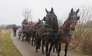 Der Vierspänner unterwegs mit der Besatzung (von links) Matthias Rebentisch, Andreas Czymoch und Peter Krüger. Nicht im Bild ist Gespannbesitzer Reinhard Merten. - Sylvia Frevert