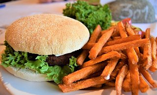 Von außen sieht er aus wie ein gewöhnlicher Burger, doch im Patty wurden rund 60 Gramm Buffalo-Würmer verarbeitet. Seit zwei Wochen ist der Insektenburger auf der Speisekarte des Restaurants Breitengrad am Schiedersee zu finden. - Greta Wiedemeier