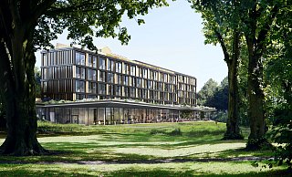 So soll das neue Thermenhotel zur Seite des Landschaftsgartens hin aussehen. Die Eröffnung ist für Frühjahr 2027 geplant. - Kannewischer Collection