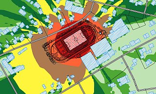 Die Grafik zeigt den Lärm, der von Sport, wie zum Beispiel Fußball, auf dem Kunstrasenplatz im künftigen Heidepark in der sonn- und feiertäglichen Ruhezeit ausgeht. Vier der Wohnhäuser liegen im kritischen Bereich (orange) von bis zu 60 db(A). Foto: AKUS GmbH Akustik und Schalltechnik - AKUS GmbH Akustik und Schalltechnik Die Grafik zeigt den Lärm, der von Sport, wie zum Beispiel Fußball, auf dem Kunstrasenplatz im künftigen Heidepark in der sonn- und feiertäglichen Ruhezeit ausgeht. Vier der Wohnhäuser liegen im kritischen Bereich (orange) von bis zu 60 db(A). Foto: AKUS GmbH Akustik und Schalltechnik - AKUS GmbH Akustik und Schalltechnik