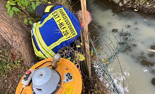 Das Wasser dieses Baches wurde verunreinigt und rief die Extertaler Feuerwehr auf den Plan. Sie leitete die Verschmutzung in den Mischwasserkanal und spülte den Bach. - Löschzug Bösingfeld
