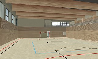 Ein computergeneriertes Bild der neuen Sporthalle l&auml;sst ahnen, wie viel Holz hier verbaut wurde.&nbsp; - Visualisierung: Peter Gl&auml;sel Stiftung