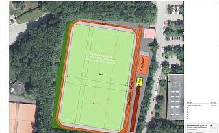 Der Plan für den neuen Kunstrasenplatz an der Sekundarschule Nordlippe sieht ein Spielfeld mit einem Belag aus Kork-/Sandgemisch vor, daneben eine Rundlaufbahn, eine Kugelstoß- und eine Weitsprunganlage. - Entwurf: Brinkmann + Deppen Der Plan für den neuen Kunstrasenplatz an der Sekundarschule Nordlippe sieht ein Spielfeld mit einem Belag aus Kork-/Sandgemisch vor, daneben eine Rundlaufbahn, eine Kugelstoß- und eine Weitsprunganlage. - Entwurf: Brinkmann + Deppen