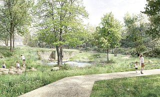 Diese Skizze zeigt den Blick von der mittleren Terrasse des neuen "Lust-Parks" in Richtung Krummes Haus. - Stadt Detmold/Planorama Diese Skizze zeigt den Blick von der mittleren Terrasse des neuen "Lust-Parks" in Richtung Krummes Haus. - Stadt Detmold/Planorama