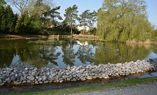Idyllisch: Der Bach läuft um den etwas verkleinerten Teich herum. An der Böschung dienen unter anderem dicke Steine als Befestigung. Im Wasser spiegeln sich die Bäume. - Karin Prignitz Idyllisch: Der Bach läuft um den etwas verkleinerten Teich herum. An der Böschung dienen unter anderem dicke Steine als Befestigung. Im Wasser spiegeln sich die Bäume. - Karin Prignitz