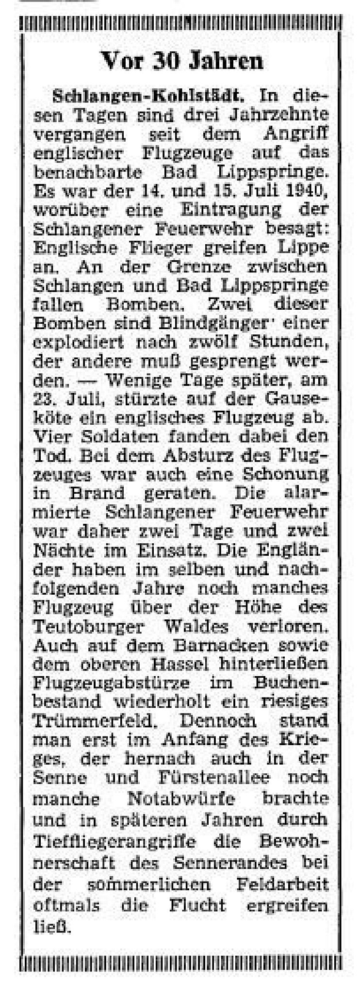 Ein Bericht vom 15. Juli 1970 zu einem Flugzeugangriff im Jahr 1940. - © LZ-Archiv