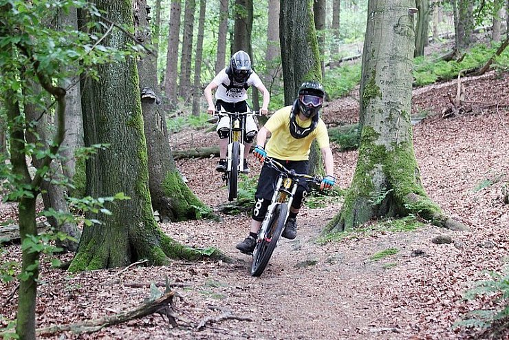 Im Affenzahn durch den Wald: Philipp (vorne) und Patrick demonstrieren, wie sie als Downhillfahrer den Berg hinab sausen. Fürs Foto fahren sie ausnahmsweise einen Waldweg entlang. - © FOTO: GRINGEL