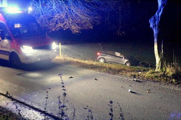 In einer Kurve auf der Dorfstraße ist eine junge Frau am Mittwochabend mit ihrem Auto von der Fahrbahn abgekommen, gegen einen Baum gefahren und auf eine Wiese geflogen. - © Thomas Dohna