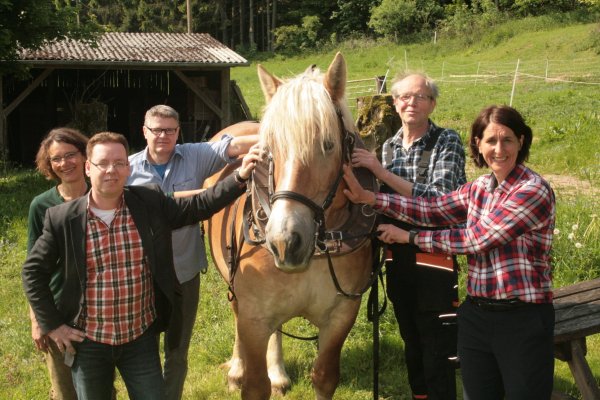 Blick in die Zukunft mit neuem Träger für das Projekt "Harte Jungs und Kaltblutpferde": (von links) Frauke Offel (Bereichsleitung iuventas GmbH Lippe), Thomas Bauer (Geschäftsführer iuventas GmbH Lippe), Ingo Walle (Einrichtungsleiter iuventas Lippe GmbH), Projektinitiator Reinhard Merten mit Kaltblutstute "Hanni" und Ulrike Glathe (Fachgebietsleitung Soziale Dienste Kreis Lippe). - © Sylvia Frevert