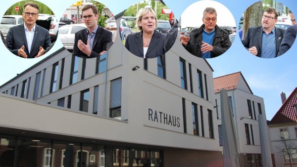 Diese fünf Kandidaten kämpfen um den Einzug ins Rathaus: Dr. Stefan Everding (CDU), Matthias Kalkreuter (SPD), Martina Hannen (FDP), Frank Drexhage (Bündnis 90/Die Grünen) und Uwe Detert (AfD. - © Wolfgang Becker/Niklas Böhmer