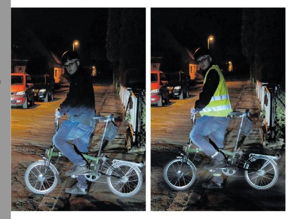 LZ-Redakteur im Selbstversuch: Die Fotos zeigen, dass Radfahrer mit reflektierender Warnweste im Abblendlicht eines Autos besser zu sehen sind, als solche mit dunkler Kleidung. - © Anne Wolf