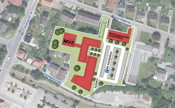 Hier könnte es entstehen: Der Plan zeigt das sogenannte Hybrid-Zentrum an der Kleinbahnstraße mit Ärzten, Therapeuten und Weiterem. Noch sind das allerdings nur erste Ideen. - © Land NRW (2019)/Grafik: Portarion GmbH & Cie. KG/Montage: Oliver Wendtland
