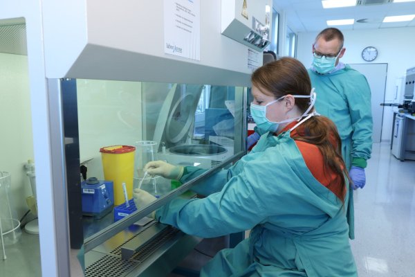 Birthe Tegelhütter, Biologisch Technische Assistentin, arbeitet für das Foto an der Sicherheitswerkbank und zeigt, wie sie eine Probe des Corona-Virus vorbereiten würde. Laborleiter Carsten Tiemann schaut ihr über die Schulter. - © Alexandra Schaller