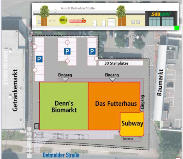 Die Pläne des Architekturbüros sehen eine Dreiteilung der neu entstehenden Ladenfläche vor. Parkplätze und Eingänge sind auf der von der Bundesstraße abgewandten Seite geplant - © Land NRW (2019) / Zeichnung: Architekturbüro Duderstadt GmbH / Grafik: Oliver Wendtland
