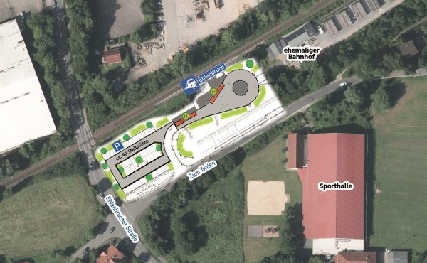 Neuer Verkehrsknoten: Das Gelände neben dem ehemaligen Bahnhof an der Straße Zum Twilen wird im Zuge der Bauarbeiten der Deutschen Bahn deutlich aufgewertet. : - © Land NRW (2019) / Montage: Oliver Wendtland / Zeichnung: Stadt Lage