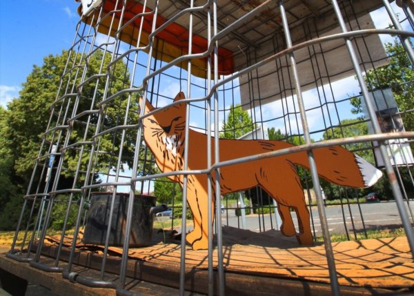 Fuchs hinter Gitter: Das Holztier hat während des Strohsemmelfestes in Lemgo am Regenstorplatz gestanden. Es wurde bereits einmal demoliert – und wieder aufgebaut. - © Vera Gerstendorf-Welle