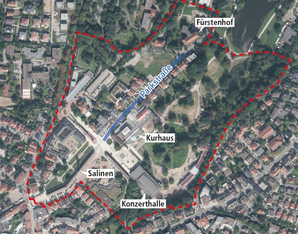 Die rote Linie zeichnet das Gebiet des Bebauungsplans Nr. 0151 im Bereich der Parkstraße ein. - © Foto: Land NRW (2019) / Grafik: Oliver Wendtland