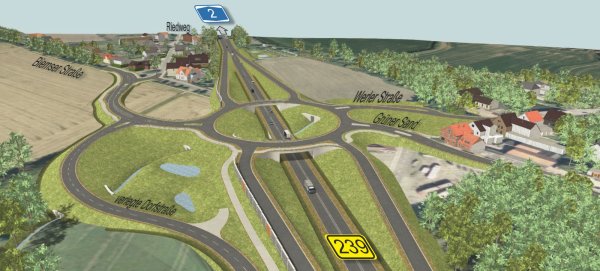 Die Grafik zeigt den geplanten Knotenpunkt mit der Werler und der Biemser Straße im Zuge des Ausbaus der B 239n. Die Bundesstraße wird künftig unter einem großen Kreisel, der die Nebenstraßen anbindet, hindurch geführt. Die Dorfstraße wird mit einem Schlenker an den Kreisel angebunden. - © Straßen.NRW