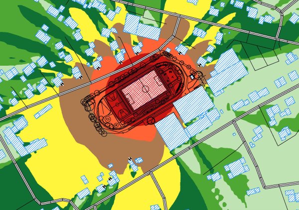 Die Grafik zeigt den Lärm, der von Sport, wie zum Beispiel Fußball, auf dem Kunstrasenplatz im künftigen Heidepark in der sonn- und feiertäglichen Ruhezeit ausgeht. Vier der Wohnhäuser liegen im kritischen Bereich (orange) von bis zu 60 db(A). Foto: AKUS GmbH Akustik und Schalltechnik - © AKUS GmbH Akustik und Schalltechnik