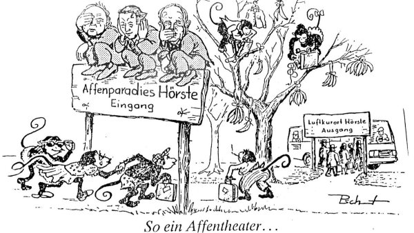 Satiriker hatten ihren Spaß: Das Affentheater in Hörste lieferte viele Steilvorlagen, die von den Bürgern und den Grafikern gerne aufgegriffen wurden. - © LZ, 21. Februar 1989/Zeichnung: Peter Schmidt