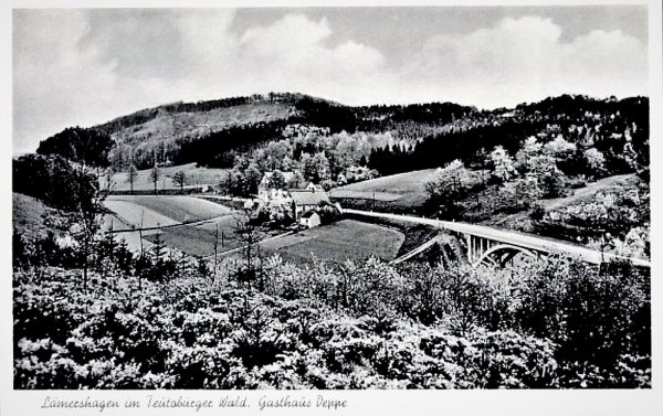 Das Gasthaus Deppe auf einer alten Ansichtskarte. Auf dem Höhenzug hinter dem Gasthaus bauten die Lipper im Jahre 1177 die Löwenburg. Repro: Horst Biere - © hb