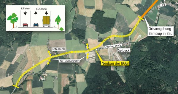 So könnte sie aussehen: Zwischen Barntrup und Großenmarpe soll es eine neue Straße geben – um Selbeck herum. - © Grafik: „Straßen NRW“/Benjamin Möller/Geobasisdaten Land NRW